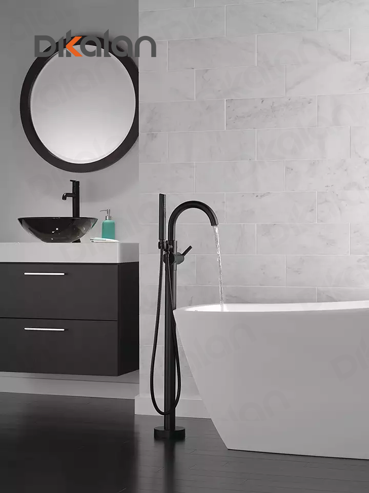 DIKALAN Matt Black Floor-Mount Freestanding Tub Filler with Hand Held Shower Bathroom Shower Chrome Faucet